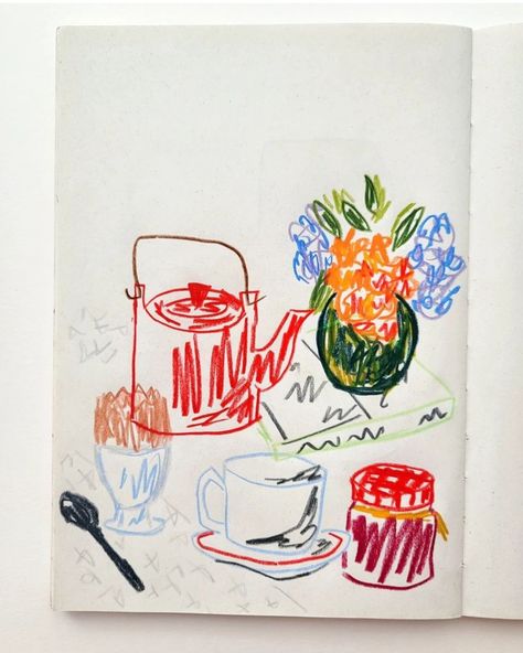 A pencil drawing of a table with a read teapot a small flower arrangement a softboiled egg a book and a jam jar Sketchbook Food Drawings, Artsy Pictures Instagram, Breakfast Table Illustration, Scribble Drawing Doodles, Table Setting Drawing, Art Set Up, Drawing On Table, Objects For Drawing, Setting Illustration