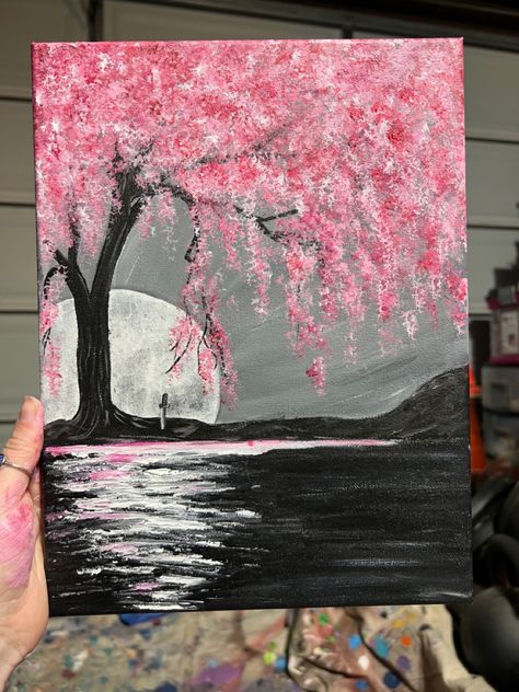 Piktura Te Bukura, Medium Canvas Painting Ideas, Painting Inspiration Easy, Painting For Birthday, Pink Painting Ideas, Pink Canvas Art, Sky Art Painting, Canvas Art Projects, Canvas Painting Tutorials