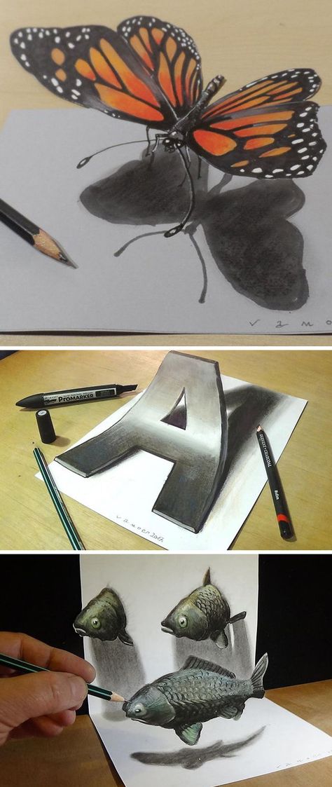 Anamorphic artist Sandor Vamos creates incredible trick-of-the-eye, 3D drawings that seem to jump from their pages. Anamorphic Art Drawings, 4d Art Optical Illusions, 3d Ideas Art, 3d Effect Drawing, 3d Painting Ideas, Anamorphic Drawing, 3d Art Ideas, 3d Drawing Ideas, 4d Art