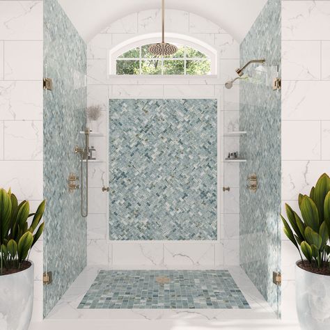 Blue Stone Tile, Blue Shower Tile, Tiled Bathroom, Luxury Bathroom Tiles, Bathroom Projects, Green Mosaic, Unique Tile, Backsplash Designs, Porcelain Mosaic Tile