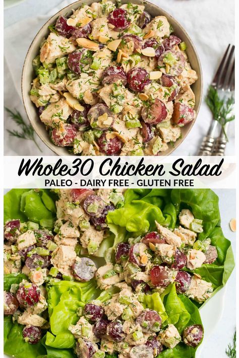 Whole30 Chicken Salad. A Whole30 version of waldorf chicken salad that’s simple, delicious, and Paleo approved too! Made with grapes, almonds, celery, and an easy tahini dressing, you can use it for Whole30 chicken salad lettuce wraps, a waldorf chicken salad sandwich, or enjoy as is. #wellplated #whole30 #chickensalad #paleo via @wellplated Waldorf Chicken Salad Sandwich, Chicken Salad Lettuce Wraps, Waldorf Chicken Salad, Whole30 Chicken Salad, Salat Wraps, Paleo Menu, Chicken Salad With Apples, Salad Lettuce, Whole30 Chicken