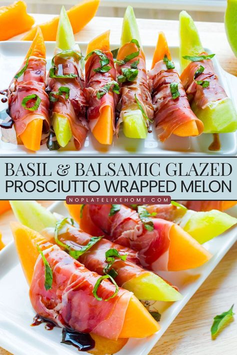 It's a simple and delicious, sweet and salty combo, Italian classic known as Prosciutto e Melone! This Basil and Balsamic Glazed Prosciutto Wrapped Melon appetizer or antipasto is a juicy blend of sweet, ripe cantaloupe and honey dew melons with an Italian favorite-prosciutto and finished with fresh basil and a drizzle of balsamic glaze. It's low in calories and gluten-free. Click on the link to get this easy recipe! Melon Appetizer, Ripe Cantaloupe, Prosciutto Appetizer, Prosciutto Melon, Fancy Appetizer Recipes, Cantaloupe Recipes, Melon Recipes, Small Bites Appetizers, Aip Paleo Recipes