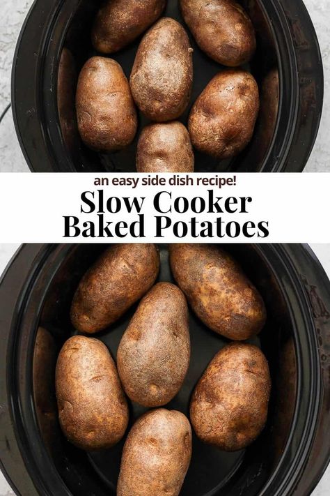 Slow Cooker Baked Potatoes - The easiest way to make baked potatoes! With 5 minutes of prep time + hands-off cook time this will be your new favorite baked potato recipe! #slowcookerbakedpotatoes #slowcookerbakedpotatoeswithoutfoil #slowcookerloadedbakedpotatoes #slowcookerbakedpotatoescrockpots #slowcookerbakedpotatorecipe How To Cook Potatoes In Crock Pot, How To Cook Baked Potatoes In Crockpot, Bake Potatoes In Crock Pot, Baked Potatoes Slow Cooker, Baked Potatoes In Slow Cooker, Baked Potatoes In The Crockpot, Baked Potato Crock Pot, Potatoes Slow Cooker, Baked Potatoes In Crockpot