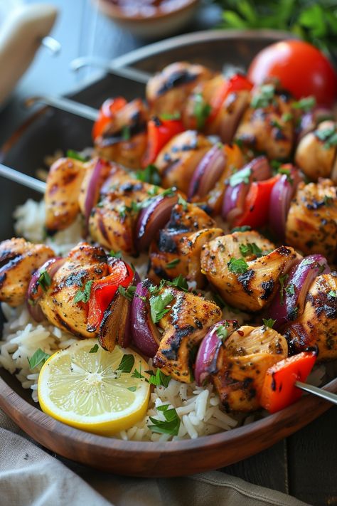 Grilled chicken kebabs with red peppers and onions served on a bed of rice with a lemon slice garnish. Mediterranean Barbecue, Chicken Mediterranean Recipes, Mediterranean Skewers, Simple Mediterranean Recipes, Mediterranean Diet Chicken Recipes, Chicken Skewers Recipes, Chicken Skewers In Oven, Mediterranean Chicken Skewers, Mediterranean Chicken Kabobs