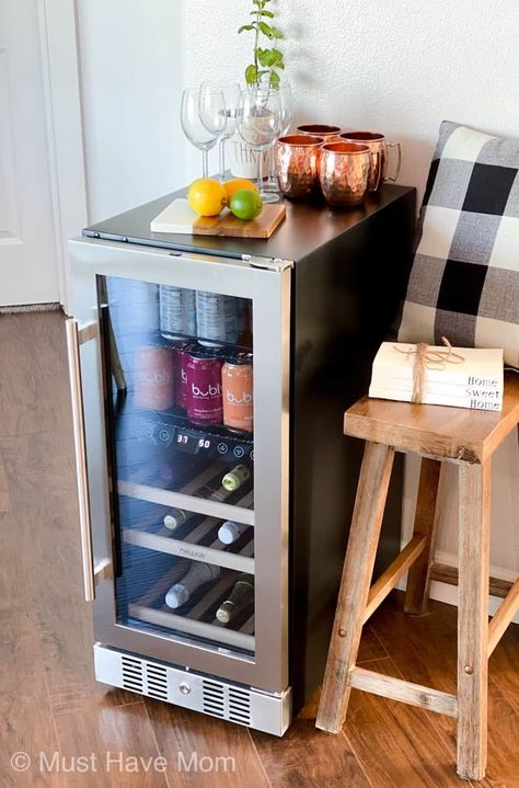 Pantry Drink Fridge, Beverage Fridge In Basement, Wine And Drink Fridge, Small Wine Fridge Free Standing, Wine Beverage Fridge, Small Beverage Fridge, Small Beverage Fridge Cabinet, Wine And Beverage Fridge, Beverage Fridge Ideas