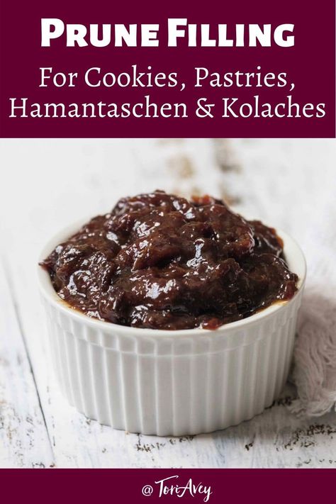 Prune Filling for Cookies, Pastries, Hamantaschen and Kolaches. Easy, scrumptious recipe for lekvar - plum butter. Thick filling, will not run. | ToriAvey.com #prunes #plums #filling #hamantaschen #kolaches #purim #baking #cookiefilling #pastryfilling Prune Filling For Kolaches, Prune Jam Recipe, Plum Filling Recipe, Prune Filling For Pierogies, Prune Tarts Recipe, Prune Cookies Recipes, Prune Pie Recipes, Prune Dessert Recipes, Dried Prunes Recipes