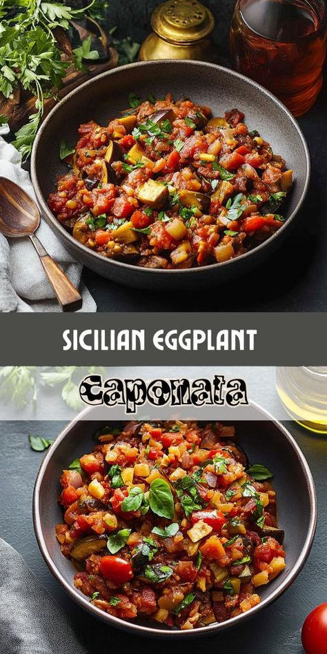 Bring the taste of Sicily to your home with this authentic Eggplant Caponata recipe! 🍆🍅 A medley of tender eggplant, tangy capers, and sweet tomatoes, this traditional Mediterranean dish is perfect as an appetizer, side, or light main course. 🌿 Serve it with crusty bread or over pasta for an unforgettable meal. Healthy, vegan, and packed with flavor! #EggplantCaponata #SicilianFood #MediterraneanRecipes #VeganEats #HealthyCooking Mediterranean Eggplant Recipes, Italian Eggplant Recipes, Eggplant Caponata Recipe, Sicilian Eggplant, Mediterranean Eggplant, Caponata Recipe, Eggplant Caponata, Italian Night, Sicilian Recipes