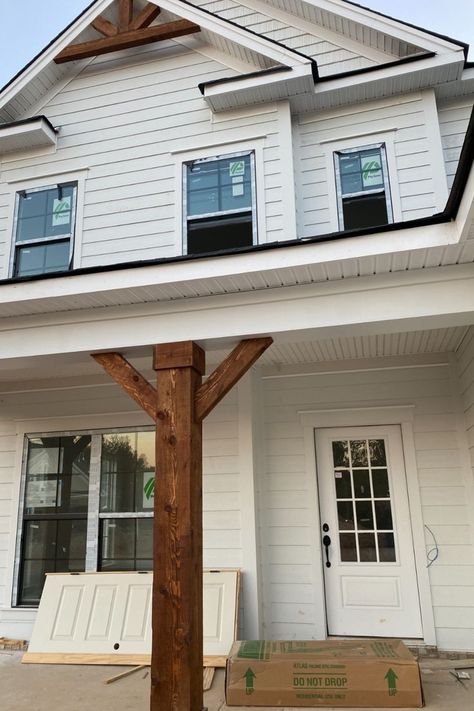 Farmhouse Porch Beams, Home Exterior Cedar Accents, 6x6 Post Ideas Front Porches, Add Front Porch To House, Exposed Beam Porch, Cedar Pillars Front Porch, Extending Front Porch, Front Porch Pillars Columns, Wood Posts Front Porch