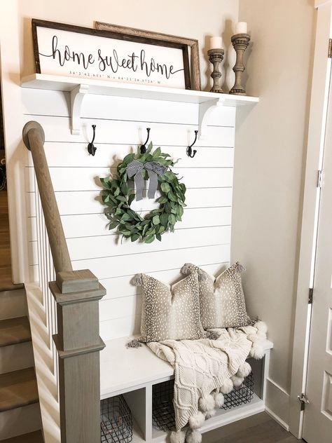 Mudroom Ideas Entryway With Stairs, Farmhouse Hooks Entryway, Small Farmhouse Hallway, Foyer Shiplap Entryway, Shiplap In Foyer Entryway, Hall Tree Under Stairs, Entryway Ideas Farmhouse Style, Foyer Hall Tree Ideas, Diy Entryway Ideas Farmhouse