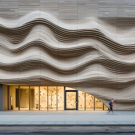 Concrete Building Concept Stone Architecture Facade, Curved Brick Facade, Layered Architecture Concept Design, Architectural Wall Design, Organic Facade, Corrugated Concrete, Limestone Architecture, Spa Architecture, Entrance Facade