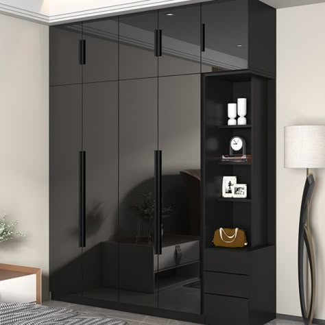 Wardrobe With Black Glass Doors, Glass Cupboard Doors Kitchen, Black Glass Closet Doors, Wardrobe Design Bedroom Black, Black Wardrobe Bedroom Ideas, Black Cupboards Bedroom, Black Wardrobe Design, Black Tinted Glass Wardrobe, Black Glass Wardrobe