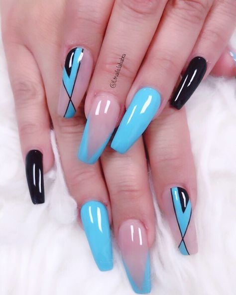 Light Blue Nails With Heart Design, Blue Nail Extension Designs, Light Blue Nails With Black Design, Light Blue And Black Nails, Bright Blue And Black Nails, Light Blue Nail Ideas, Light Blue Nail, Blue Nail Ideas, Light Blue Nails