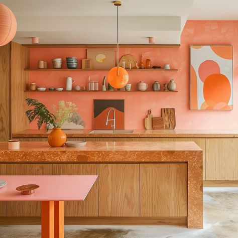 Pink + orange + MCM = A GORGEOUS KITCHEN 🦐🦀🍒🍎🍉🍊 #interiordesign #interiorinspo #aiart #aiartcommunity #interiors #kitchendesign #kitchendesignideas #midcenturymodern #mcm #kitcheninspo #interiorarchitecture Orange Modern Kitchen, Pink Orange Kitchen, Terra Cotta Kitchen, Orange Interior Design, Mcm Kitchen, Color Kitchen, Pastel Interior, Fancy Kitchens, Kitchen Mood Board