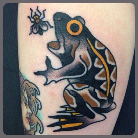 Meaningful American Traditional Tattoos, Traditional Bug Tattoo Old School, American Traditional Toad Tattoo, Animal Tattoos Traditional, Traditional Toad Tattoo, American Traditional Frog Tattoo, Mixed Tattoo Styles, Frog Tattoo Traditional, Traditional Frog Tattoo