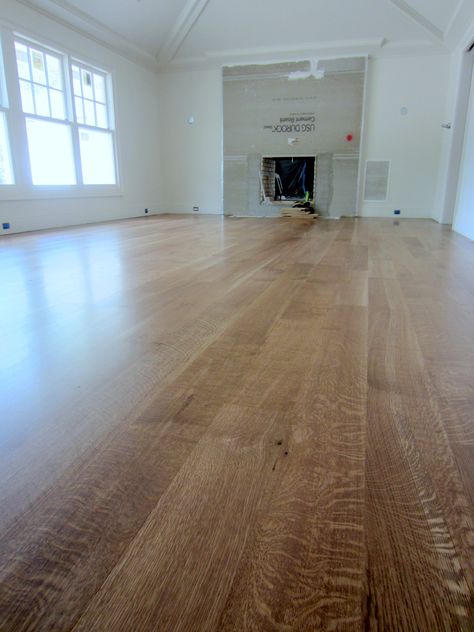 Beautiful 6" Rift And Quarter Sawn White Oak floor installed and finished with custom blended Fruitwood/Weathered Oak stain + Bona Traffic HD water based polyurethane in Oyster Bay, NY.  Notice how the medullary rays feature prominently on the Quarter Sawn pieces! Weathered Oak Stain, Wood Floor Colors, White Oak Flooring, Red Oak Floors, Kitchen Floors, Document Management, White Oak Hardwood Floors, Farmhouse Flooring, Quarter Sawn White Oak