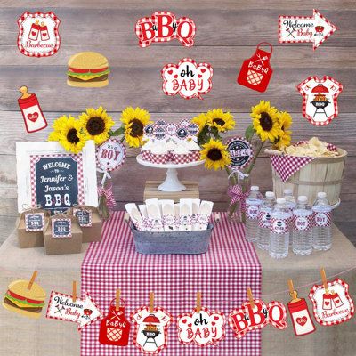 Large bbq baby shower cards could be used as bbq baby shower cake toppers, bbq theme party table topper decoration, or place centerpiece sticks into jars or floral arrangements for that showstopper wow-factor. And the welcome baby centerpieces could be used as a sign when you attach them to the wall. | PIONEER COMMERCE 24 Piece BBQ Table Toppers Decoration Kit Cardboard in White | Wayfair Bbq Baby Shower Cake, Summer Barbecue Party, Bbq Theme Party, Bbq Baby Shower, Bbq Theme, Woodland Creatures Baby Shower, 30th Birthday Party Decorations, Baby Q Shower, Woodland Baby Shower Decorations