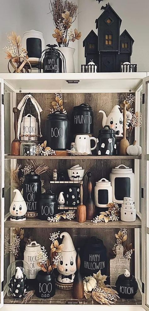 Rae Dunn Ghost Display, Halloween Rae Dunn Display, Rae Dunn Display Ideas, Rae Dunn Halloween Display, Rae Dunn Display, Halloween Shelf, Pyrex Display, Shelf Decorating, Halloween Living Room