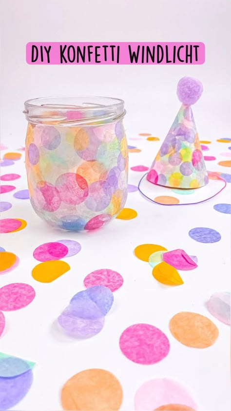 DIY Konfetti Windlicht / Partydeko / für Fasching und Karneval in 2022 | Kinder basteln einfach, Kinder basteln und malen, Basteln Pichu Pokemon, Jar Art, Diy Kids Toys, Crafts For Seniors, Diy Trends, Mason Jar Crafts, Jar Crafts, Arts And Crafts For Kids, Diy Inspiration