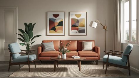 Design Secrets: Achieving a Cozy Mid-Century Modern Living Room - Gardening Olivia Leaving Room Design, Cozy Mid Century Modern Living Room, Orange Accent Chair, Teal Vase, Retro Bar Cart, Starburst Chandelier, Living Room Cleaning, Coastal Cottage Decorating, Leaving Room