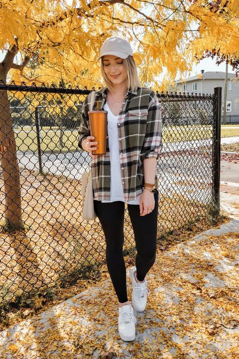 casual fall 2021 outfits with plaid flannel shirt and leggings Flannel Shirt Outfit Casual, Oversized Flannel Outfit, Leggings And Flannel Outfit, Plaid Shirt Outfit Fall, Plaid Leggings Outfit, Plaid Flannel Outfit, Flannel And Leggings, Flannel Outfits Fall, Flannel Shirt Outfit