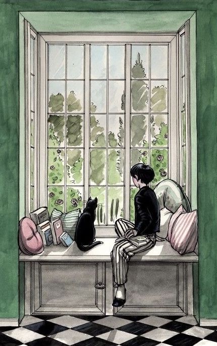 She And Her Cat, Window Illustration, Window Drawing, Ink And Watercolour, Architecture Drawing Art, Black Cat Art, Looking Out The Window, 수채화 그림, Art And Illustration