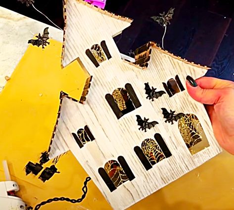 Dollar Tree Diy Haunted House, Dollar Tree Halloween Diy Haunted House, Dollar Tree Wooden Haunted House Diy, Dollar Tree Haunted House Ideas, Dollar Tree Halloween House Diy, Dollar Tree Wooden Haunted House, Dollar Tree Haunted House Wood Cutout, Wooden Haunted House Craft, Dollar Tree Halloween Crafts 2022