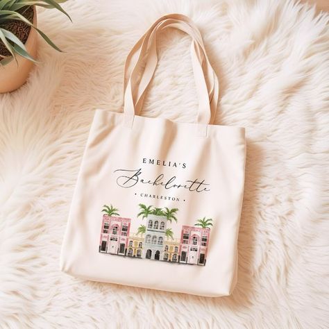 FIONA Charleston Bachelorette Canvas Tote Bag Bachelorette Tote Bags, Bachelorette Bag, Charleston Bachelorette, Bachelorette Tote, Bridesmaid Tote Bags, Elegant Script Fonts, Bachelorette Weekend, Casual Accessories, Newlywed Gifts