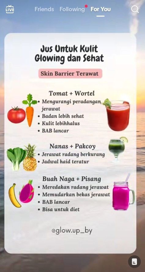 Foods For Skin, Health And Fitness Aesthetic, Makanan Rendah Kalori, Health Drinks Recipes, Resep Smoothie, Tattoo Health, Healthy Juice Drinks, Healthy Food Habits, Smoothie Recipes Healthy Breakfast