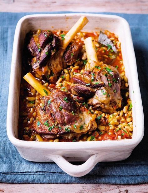 Lamb shanks and flageolet beans Hairy Bikers Recipes, October Food, Lamb Dishes, Lamb Shanks, Simple Food, Lamb Recipes, Dried Beans, Bean Recipes, Cooking Ideas