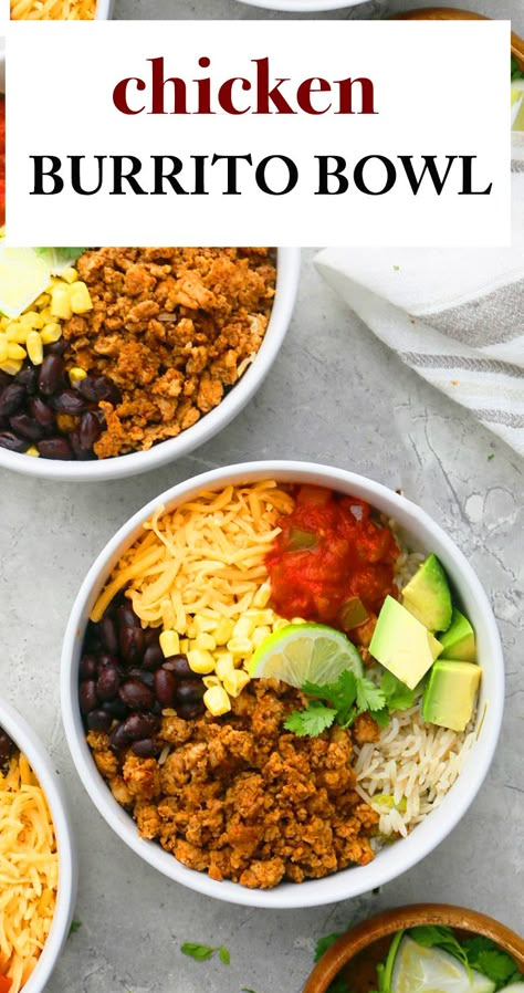 Ground chicken burrito bowl recipe is one of the best chicken burrito bowl recipe Ground Chicken Burrito Bowl Healthy, Ground Chicken Chipotle Bowl, Chicken Ground Meat Recipes Healthy, Ground Chicken Burritos, Ground Chicken Fajitas, Ground Chicken Power Bowl, Ground Chicken Dinner Healthy, Easy Ground Chicken Recipes Healthy, Ground Chicken Fajita Bowl