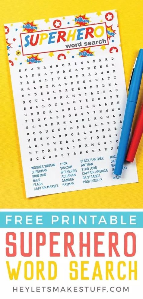 Celebrate your favorite masked men and women with this fun printable superhero word search! Find all your favorite superheroes—it's perfect for kids, adults, teachers and students and anyone else who wants to save the day! Superhero Kids Activities, Superhero Kids Crafts, Super Hero Games For Kids, Super Hero Activities For Kids, Superhero Word Search, Superhero Day At School, Superhero Activities For Kids, Superhero Games For Kids, Superhero Crafts For Kids