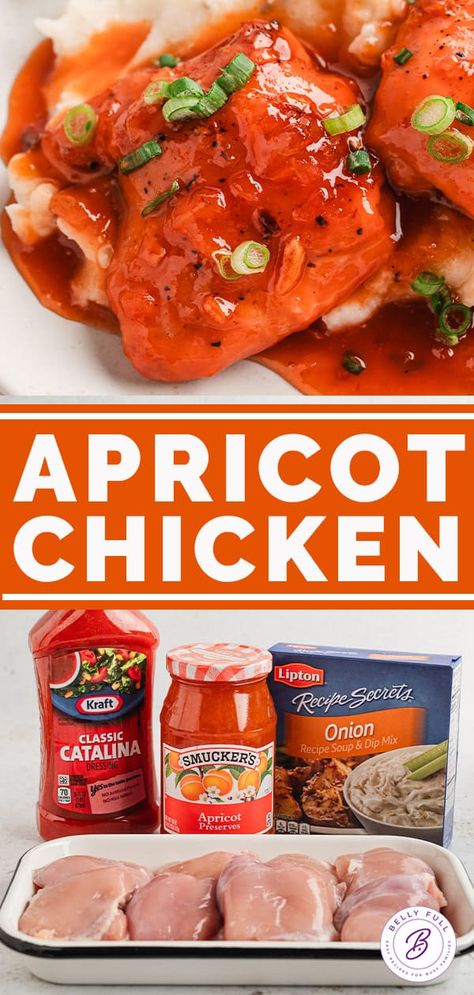 Apricot Chicken Recipe - Belly Full Apricot Chicken Instant Pot, Chicken Russian Dressing Apricot, Catalina Chicken Recipe, Chicken Apricot, Baked Apricot Chicken, Russian Chicken Recipe, Orange Chicken Breast Recipe, Orange Chicken Recipe Easy, Apricot Chicken Breast