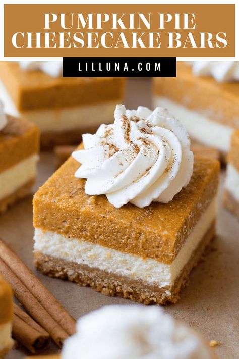 Pumpkin pie cheesecake bars are full of fall spices. This layered dessert is sure to impress at any holiday gathering! #pumpkinpiecheesecakebars #pumpkincheesecake #cheesecakebars #pumpkin #cheesecake Pumpkin Pie Cheesecake Bars, Thanksgiving Desserts Pumpkin, Layered Pumpkin Cheesecake, Bar Treats, Pumpkin Spice Cheesecake, Layered Dessert, Pumpkin Cheesecake Bars, Pumpkin Pie Cheesecake, Pie Cheesecake