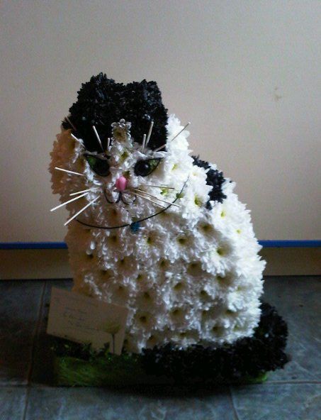 Themed Floral Arrangements, Cat Flower Arrangement, Cat Giving Flowers, Animal Flower Arrangements, Cats And Flowers, Sympathy Arrangements, Flower Boutique, Floral Cat, Cat Flowers