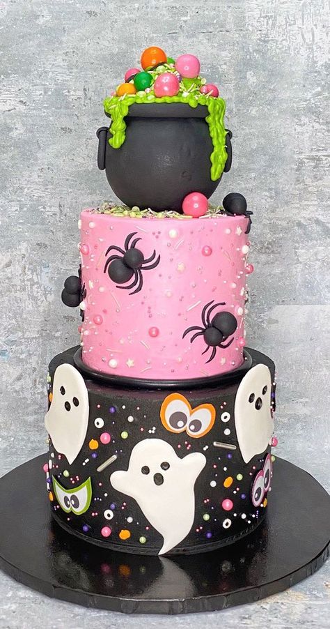 halloween cake, halloween themed cake, halloween cake ideas, Halloween Cake Design, Halloween Birthday Cake, scary halloween cake, halloween cake images Tiered Halloween Cake, Pink And Black Halloween Cake, Pastel Halloween Birthday Cake, Halloween Birthday Cakes Girl, Cute Halloween Cake Ideas, Pink Halloween Cake Ideas, Girls Halloween Birthday Cake, Monster Cakes, Halloween Theme Cake