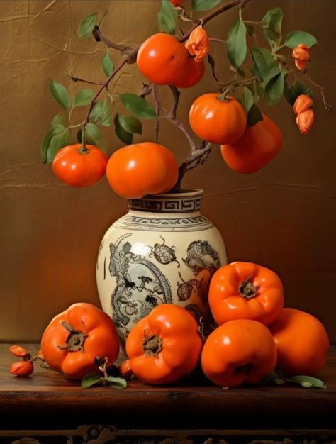 Chinese Still Life Photography, Traditional Still Life Photography, Persimmon Still Life, Asian Still Life, Persimmon Art, Fruit Bouquet Ideas, Vintage Nature Photography, Still Life Pictures, Still Life Flowers