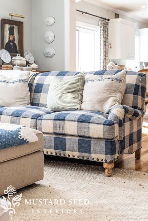 Living Room Jute Rug, Couch Styles, Checked Sofa, Plaid Sofa, Fresh Farmhouse, Miss Mustard Seed, Miss Mustard Seeds, White Upholstery, The Farmhouse