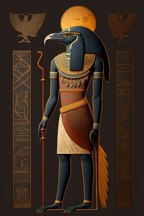 He was often depicted with the head of a falcon and a golden sun disk on his head, symbolizing his connection to the sun. Egyptian Creation Myth, Egyptian Sun God, Ra God Of The Sun, Ra God Egypt, Ra Egyptian God, Egyptian God, Ra God, Thoth Egyptian God, Egyptian Artwork