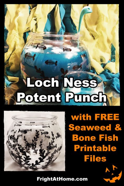 Loch Ness Potent Punch Recipe from Frightathome.com Cryptid Party Ideas, Loch Ness Monster Party, Cryptid Party, Cryptid Birthday Party, Fish Bowl Decorations, Bigfoot Birthday, Sea Party Food, Forest Book, Spooky Games