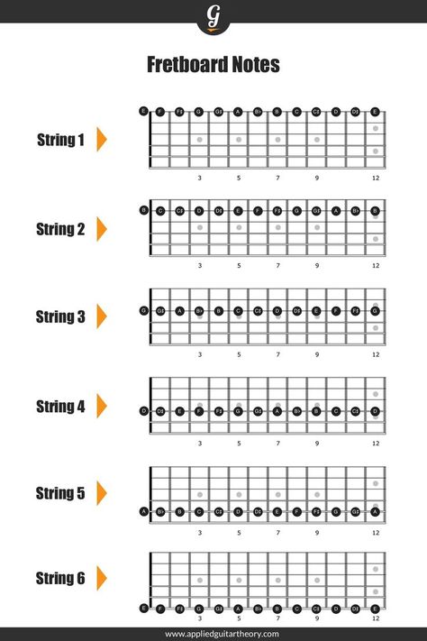 Fretboard diagram for the notes on each guitar string Guitar Fretboard Notes, Guitar Notes Chart, Fretboard Notes, Teaching Guitar, Guitar Scales Charts, Guitar Chords And Scales, Guitar Music Theory, Blues Guitar Lessons, Guitar Theory