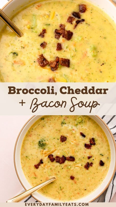 With the perfect balance of indulgence and nourishment, this Broccoli Cheddar and Bacon Soup, made in 1-pot, can be ready in about 45 minutes for a weeknight dinner the whole family will love. Broccoli Cheddar Bacon Potato Soup, Chicken Bacon Broccoli Cheddar Soup, Broccoli Cheddar Bacon Soup, Broccoli Bacon Cheese Soup, Broccoli Cheese Soup With Bacon, Potato Bacon Broccoli Soup, Broccoli Bacon Soup, Cheddar Bacon Potato Soup, Potato Cheddar Soup