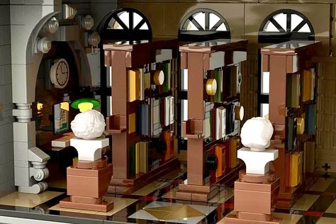 Lego Library, Lego Village, Lego Hogwarts, Lego Furniture, Lego Display, Lego Trains, Lego Room, Lego Harry Potter, Lego Worlds