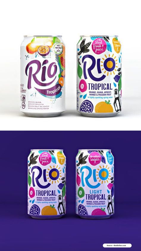 Rio Premium fruit label design in multiple colours. #uniquepackaging #creativejuice #juicepackaging Fruit Label Design, Drink Can Design, Drink Label Design, Juice Label Design, Juice Packaging Design, Fruit Soda, Fruit Juice Packaging, Boho Logo Design, Fruit Labels