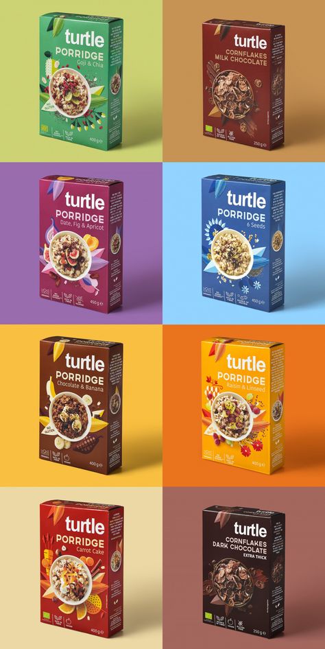 PORRIDGES for Turtle Cereals - Slow down and eat well Product Box Packaging, Cereals Packaging Design, Cereal Packaging, Chip Packaging, Cereal Brands, Spices Packaging, Organic Food Store, Packaging Label Design, Product Box