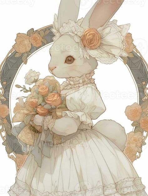 there is a white rabbit in a dress holding a bouquet. generative ai. Bunny Fanart, Bunny In Dress, Woodland Rabbit, Princess Illustration, Holding A Bouquet, Rabbit Illustration, Storybook Art, Wreath Drawing, The White Rabbit