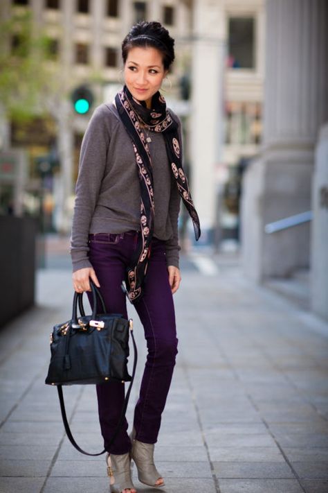 Purple Jeans Outfit, Purple Pants Outfit, Wendy's Lookbook, Grape Color, Color Combinations For Clothes, Purple Jeans, Purple Pants, Jeans Outfit, Purple Fashion