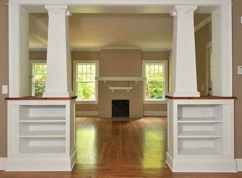 Craftsman Renovations - Craftsman - Atlanta - by Innovative Construction Inc. Chicago Bungalow Remodel, Bungalow Style Interior, Basement Remodel On A Budget, Entryway Divider, Budget Flooring, Craftsman Renovation, Bookcase Room Divider, Craftsman Columns, Bookcase Room