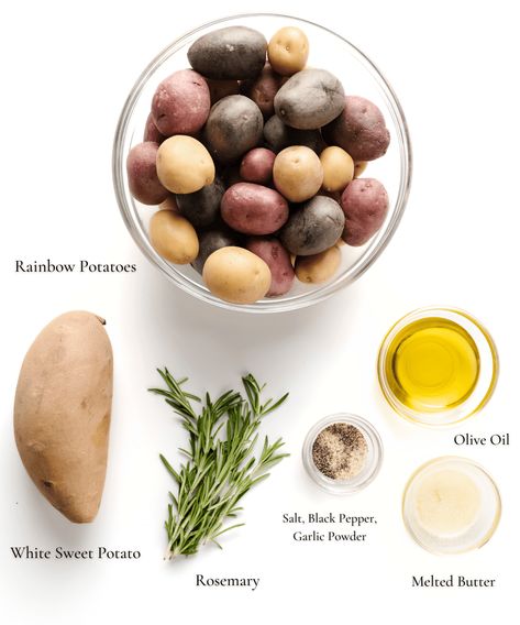 Roasted Rainbow Potatoes with Rosemary (Colored Potatoes) Rainbow Potatoes Recipes, Rainbow Potatoes, Mustard Chicken Thighs, Roasted Rainbow Carrots, Rosemary Roasted Potatoes, Gluten Free Stuffing, Small Red Potatoes, Potatoes Recipes, Purple Potatoes