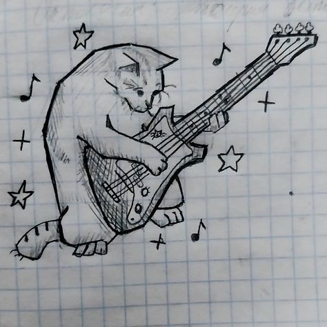 Cat Music Drawing, Cat With Guitar Tattoo, Cat Playing Piano Drawing, Cat With Guitar Drawing, Cat Playing Guitar Drawing, How To Draw A Guitar, Bass Guitar Drawing, Drum Set Drawing, Guitar Drawing Easy