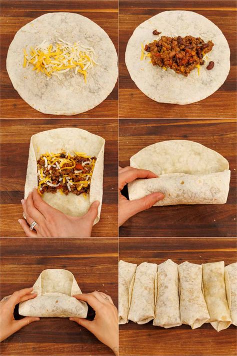 How to Fold Burritos How To Wrap A Burrito, Wrap A Burrito, Beef Burrito Recipe, Frozen Burritos, Beef Burrito, Burrito Recipe, Mexican Beef, Burritos Recipe, Slow Cooker Chili